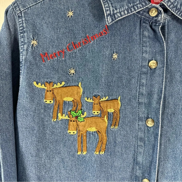 Vintage Christmas Long Sleeve Denim Woven Shirt Embroidered Santa Moose XL - Picture 4 of 8